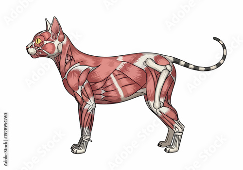 Detailed anatomical illustration showcasing the muscular and skeletal system of a feline companion, highlighting its internal structure and biological makeup