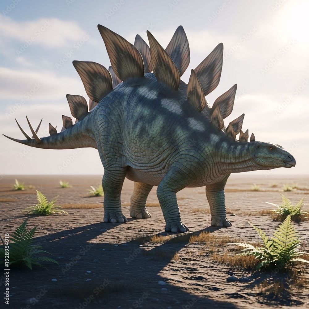 Fototapeta premium Stegosaurus with Armored Plates in Prehistoric Plain
