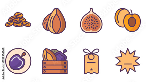 Ramadan and Eid food icons, dates figs apricot plum, gift tag star badge, fruit basket, fasting Iftar celebration vector