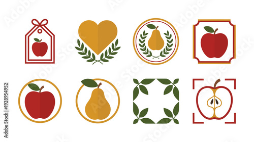 Fall festival gift tag set, apple heart pear icons, laurel accents, printable labels for farmers market, harvest party vector