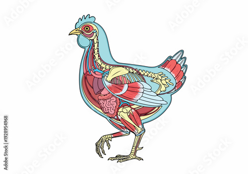 Detailed internal anatomy illustration of a chicken, showcasing its skeletal, muscular, and organ systems in a clear and educational diagram
