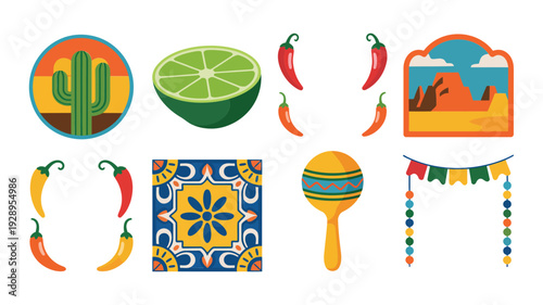 Cinco de Mayo party icons, cactus circle, lime slice, chili peppers, ceramic tile motif, maraca, garland beaded streamers, festival vector