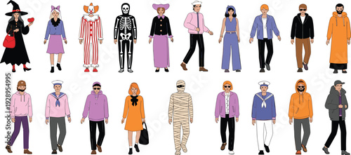 People in Halloween and Casual Costumes Set, Diverse Characters with Witch Clown Skeleton Mummy and Everyday Outfits Vector Illustration