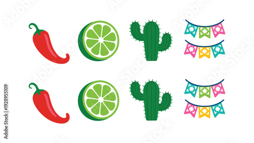 Minimal fiesta symbols vector icons with chili pepper, lime slice, cactus, papel picado bunting, party invitation, taco night graphics