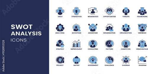 Blue Line SWOT Analysis Business Strategy Icon Set Featuring Strengths Weaknesses Opportunities Threats and Framework Elements for Project Management Marketing Presentations 