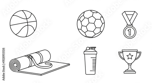 Collection of sports icons including basketball, soccer ball, medal, yoga mat, water bottle, and trophy, depicted in a simple graphic style.
