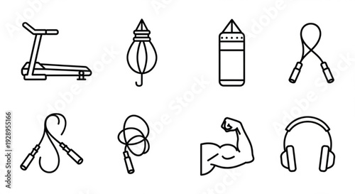 Line art icons depicting various fitness equipment and exercises in a minimalist style