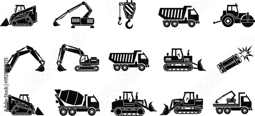Industrial Construction Equipment Silhouette Icons with Excavator Bulldozer Dump Truck Crane Roller and Demolition Machinery Vector Set