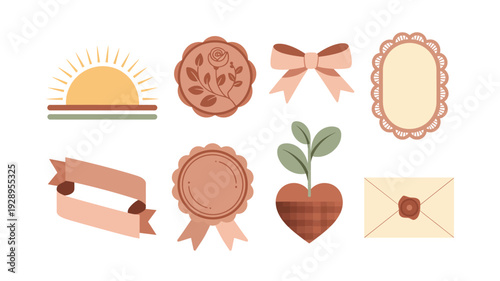 Spring celebration labels, sunrise icon, rosette flower, ribbon tags, scalloped frame, heart sprout, envelope card, seasonal party vector elements