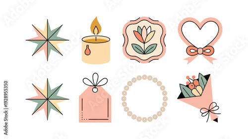 Spring wedding stationery icons, starbursts, candle light, tulip badge, heart bow, gift tag, floral wreath, invitation vector elements set