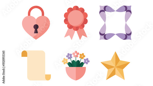 Appreciation day icons, heart lock, award rosette, ribbon frame, parchment scroll, potted flowers, golden star, gratitude event vector elements