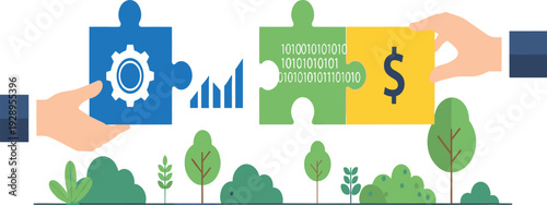 Business collaboration and green finance concept with puzzle pieces representing technology money growth and sustainable environmental corporate strategy vectors.