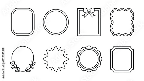 Outline badge frames set, round and square labels, ribbon plaque, rosette seal, certificate border, logo mark, wedding invitation template vector