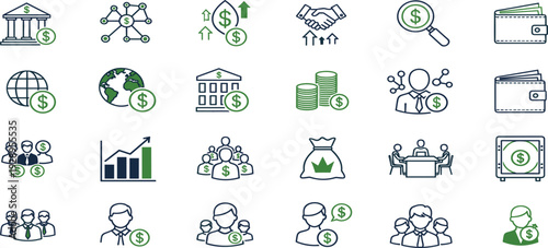 Business finance line icon set with banking, investment, growth chart, wallet, teamwork and money management symbols