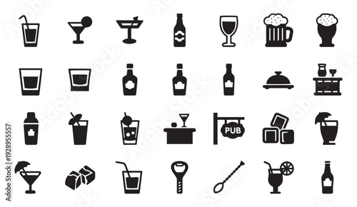 Bar Drinks Vector Icon Set – Alcoholic Beverages Silhouette Collection, Cocktail Wine Beer Glass Illustrations