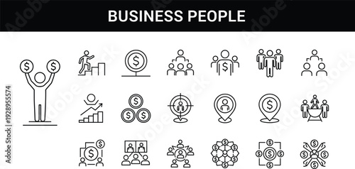 Business people and financial leadership icons set for team management career growth investment strategy corporate hierarchy and employee success.