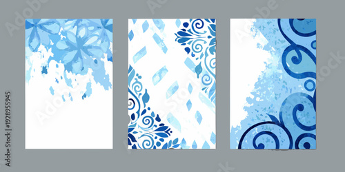 Abstract blue floral patterns arranged as a triptych wall art display