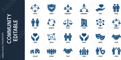 Community Icon Set with People, Teamwork, Partnership, Social Network, Charity and Collaboration Editable Vector Collection