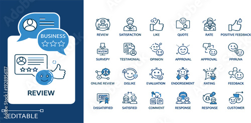 Customer Review Icon Set with Rating, Feedback, Satisfaction, Testimonial and Online Survey Editable Vector Collection