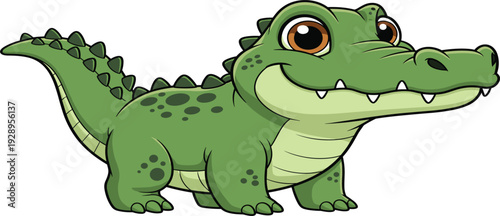 Cute baby crocodile character with big eyes, friendly little alligator mascot illustration for nursery decor, children books and toddler apparel vector.