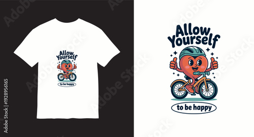 Cartoon heart character riding bicycle with allow yourself to be happy quote