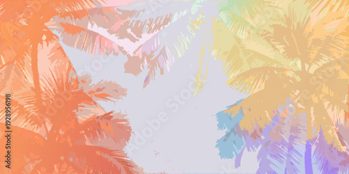 Colorful pastel palm trees against a soft light blue sky