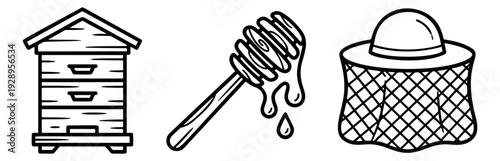Hand drawn line art beekeeping icons set featuring a beehive, honey dipper, and beekeeper's hat for honey production