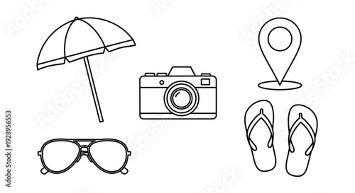 Travel accessories including umbrella, camera, sunglasses, flipflops, and map pin icon illustration