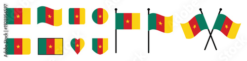 Cameroon Flag Icon Set National Symbols in Various Shapes and Waving Designs.