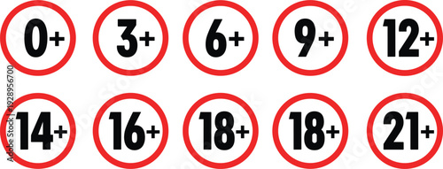 Age restriction icon set illustration, content rating symbols 0 plus to 21 plus, parental guidance warning signs, isolated vector collection