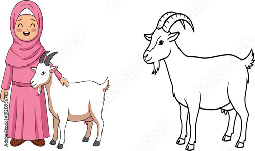 Cute Muslim Girl in Pink Hijab Standing with Goat and Black Outline Farm Animal Illustration Isolated on White Background