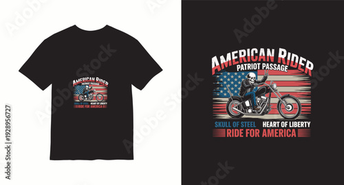 American rider skull on motorcycle, patriot passage, ride for america, flag background