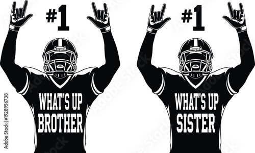 American football fan silhouette illustration, brother and sister number one gesture, team spirit celebration design, black and white graphic art