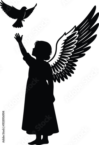 Angel child silhouette illustration, winged girl reaching toward flying bird, spiritual hope concept, innocence and freedom, black and white art