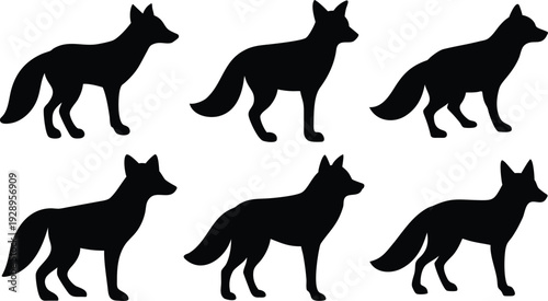 Collection of six black fox silhouettes in a walking pose, versatile for wildlife themes, forest settings, and autumnal designs.