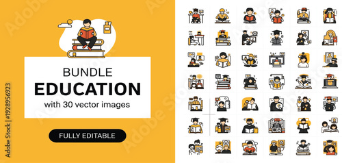 Education Bundle Collection with 30 Vector Icons Students Teachers Online Learning and Classroom Activities