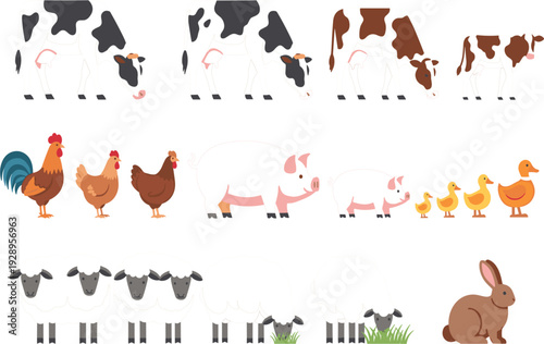 Farm Animal Breeds Vector Set with Cows Chickens Pigs Ducks Sheep and Rabbit Cartoon Livestock Collection