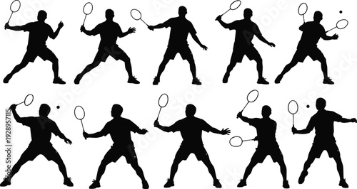 Badminton player silhouette set showing smash, serve, and swing actions, racket sport athlete poses, black and white illustration