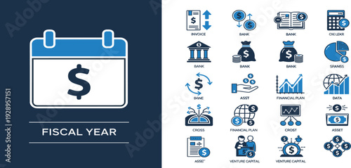 Fiscal year financial planning icons set for banking investment venture capital invoice management budget auditing and corporate asset distribution.