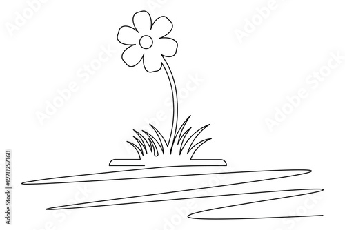 Continuous one line drawing of a blooming flower and grass minimalist nature line art illustration