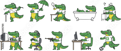 Funny cartoon crocodile character set performing various activities like gaming, working, bathing, and playing soccer, cute alligator lifestyle mascot vector collection isolated.