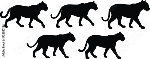 Five powerful black panther silhouettes in a prowling stance, conveying stealth, mystery, and the wild nature of predators.