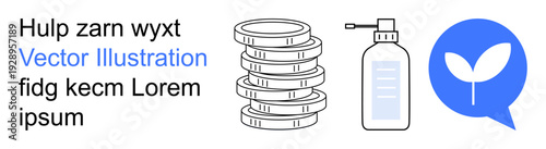 Finance, savings, hygiene, sustainability, eco-friendly discourse, public health. A stack of coins, a sanitizer bottle and a leaf in a speech bubble. Finance and sustainability concept
