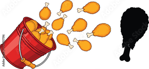 Fried Chicken Drumsticks Bucket with Falling Crispy Pieces and Silhouette Vector Illustration Set