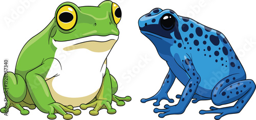 Green Tree Frog and Blue Poison Dart Frog Detailed Tropical Amphibian Pair Realistic Vector Illustration Isolated on White
