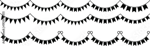 Black decorative bunting border illustration with curved garland flags, festive minimalist vector design for party, celebration, banner, background use projects