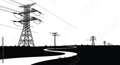 High-voltage transmission tower silhouette illustration set, utility poles with power lines and insulators, energy infrastructure theme - flat vector illustration