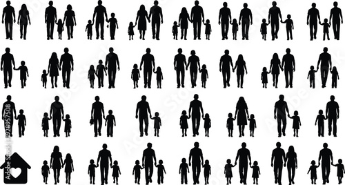 Family silhouette illustration set, diverse groupings of parents and children with home and heart symbol, love and unity theme - flat vector illustration
