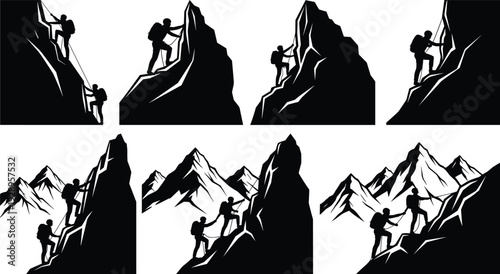Mountain climber silhouette illustration set, adventurers scaling cliffs and peaks with gear, teamwork and exploration theme - flat vector illustration