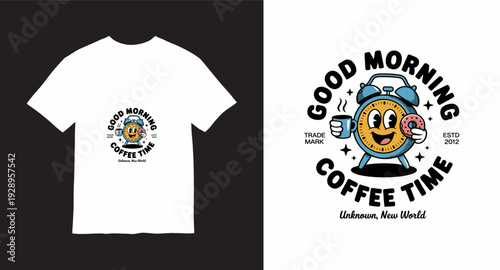 Good morning coffee time alarm clock character vintage mascot with donut and coffee mug